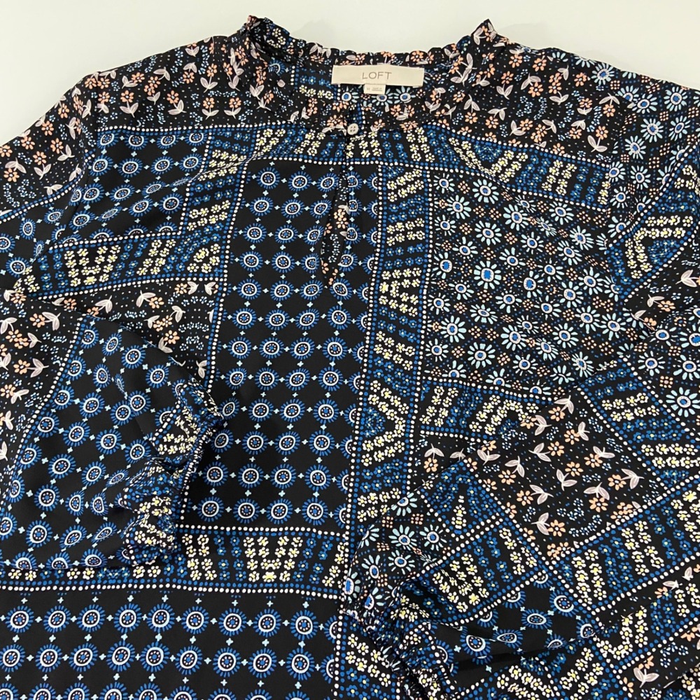LOFT Women's Floral Blouse Keyhole Neck Long Sleeve Patchwork Print Top Size M